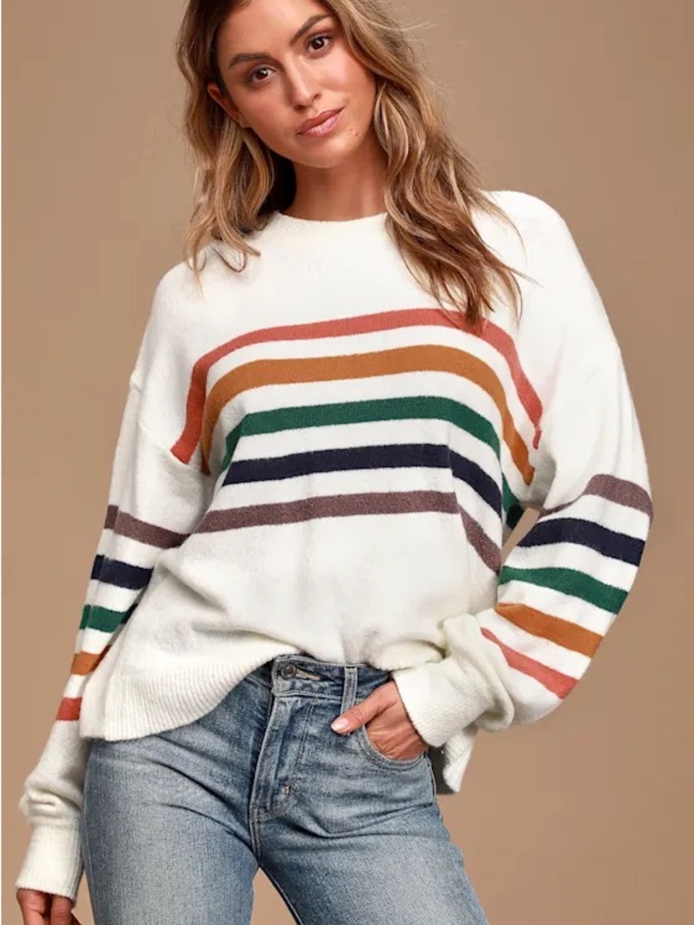 Lulus Heart to Heart Ivory Multi Stripe Sweater Size L NWT